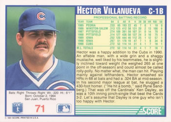 1991 Score #71 Hector Villanueva Back