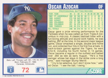 1991 Score #72 Oscar Azocar Back
