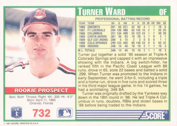 1991 Score #732 Turner Ward Back