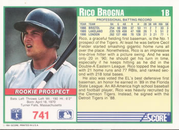 1991 Score #741 Rico Brogna Back