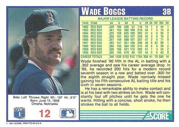 1991 Score #12 Wade Boggs Back