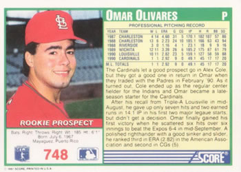 1991 Score #748 Omar Olivares Back