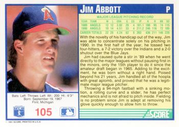 1991 Score #105 Jim Abbott Back
