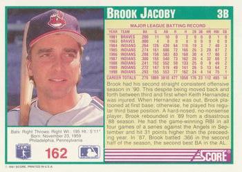 1991 Score #162 Brook Jacoby Back