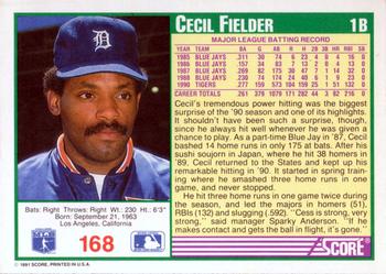 1991 Score #168 Cecil Fielder Back