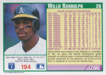 1991 Score #194 Willie Randolph Back