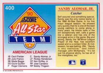 1991 Score #400 Sandy Alomar, Jr. Back