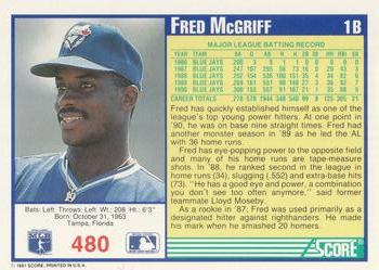 1991 Score #480 Fred McGriff Back