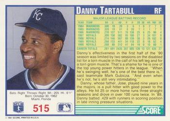 1991 Score #515 Danny Tartabull Back