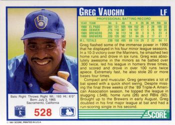 1991 Score #528 Greg Vaughn Back