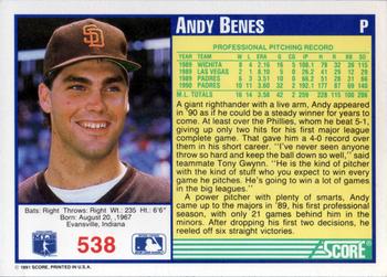 1991 Score #538 Andy Benes Back