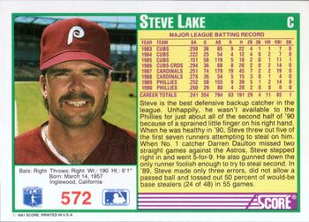 1991 Score #572 Steve Lake Back