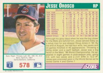 1991 Score #578 Jesse Orosco Back