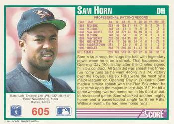 1991 Score #605 Sam Horn Back
