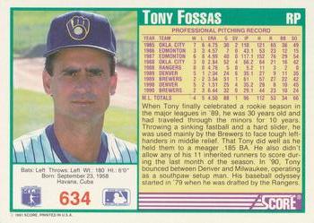 1991 Score #634 Tony Fossas Back