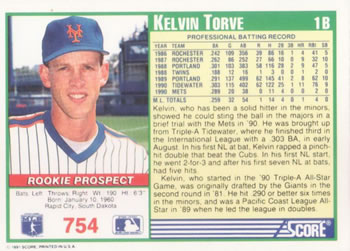 1991 Score #754 Kelvin Torve Back