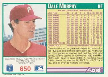 1991 Score #650 Dale Murphy Back