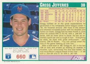 1991 Score #660 Gregg Jefferies Back