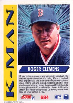 1991 Score #684 Roger Clemens Back