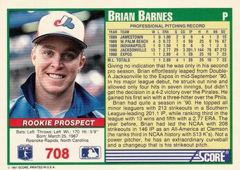 1991 Score #708 Brian Barnes Back