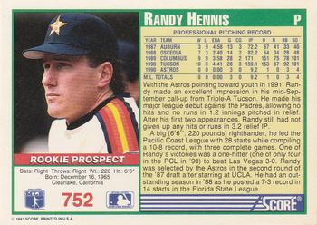 1991 Score #752 Randy Hennis Back
