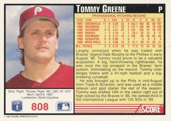 1991 Score #808 Tommy Greene Back