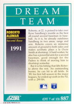 1991 Score #887 Roberto Alomar Back