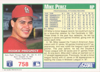 1991 Score #758 Mike Perez Back