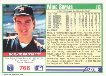 1991 Score #766 Mike Simms Back