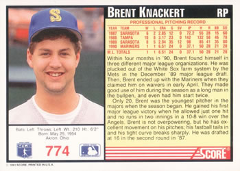 1991 Score #774 Brent Knackert Back