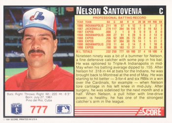 1991 Score #777 Nelson Santovenia Back