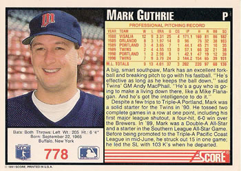 1991 Score #778 Mark Guthrie Back