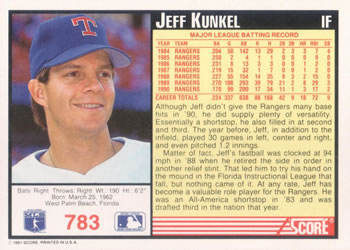 1991 Score #783 Jeff Kunkel Back