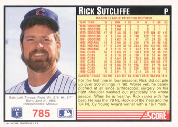 1991 Score #785 Rick Sutcliffe Back