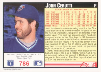 1991 Score #786 John Cerutti Back