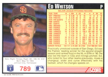 1991 Score #789 Ed Whitson Back