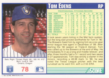 1991 Score #78 Tom Edens Back