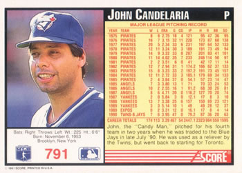 1991 Score #791 John Candelaria Back