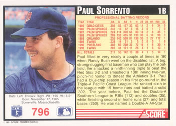 1991 Score #796 Paul Sorrento Back