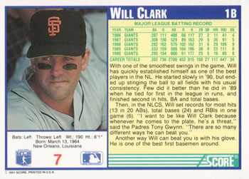 1991 Score #7 Will Clark Back