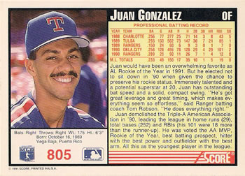 1991 Score #805 Juan Gonzalez Back
