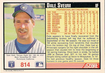 1991 Score #814 Dale Sveum Back