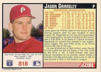 1991 Score #818 Jason Grimsley Back