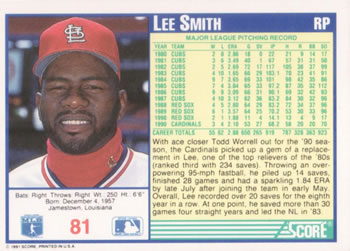 1991 Score #81 Lee Smith Back