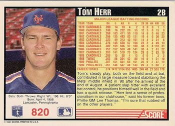 1991 Score #820 Tom Herr Back