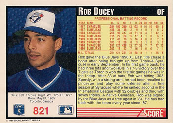 1991 Score #821 Rob Ducey Back