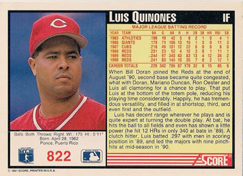 1991 Score #822 Luis Quinones Back