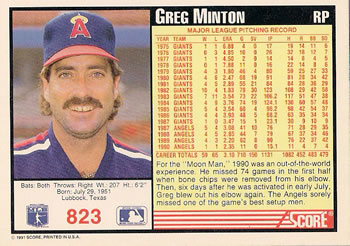 1991 Score #823 Greg Minton Back