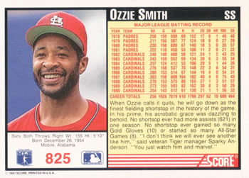 1991 Score #825 Ozzie Smith Back
