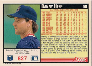 1991 Score #827 Danny Heep Back